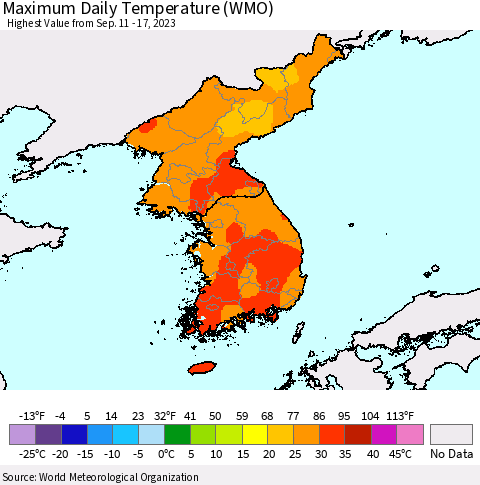 Korea Maximum Daily Temperature (WMO) Thematic Map For 9/11/2023 - 9/17/2023