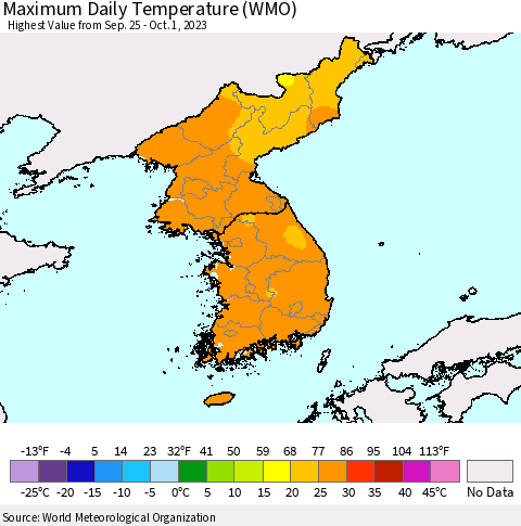 Korea Maximum Daily Temperature (WMO) Thematic Map For 9/25/2023 - 10/1/2023