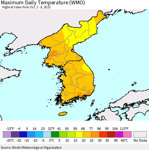 Korea Maximum Daily Temperature (WMO) Thematic Map For 10/2/2023 - 10/8/2023