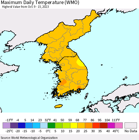 Korea Maximum Daily Temperature (WMO) Thematic Map For 10/9/2023 - 10/15/2023