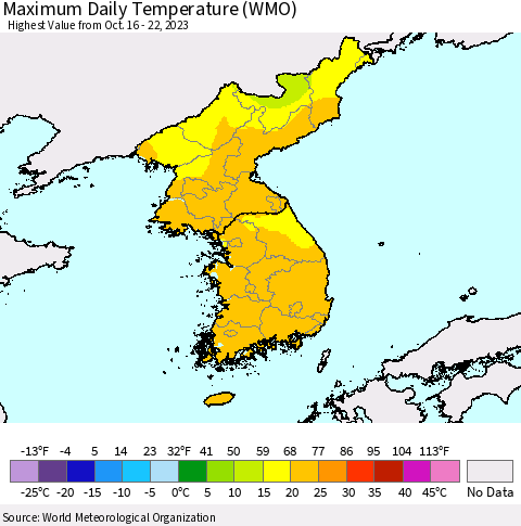 Korea Maximum Daily Temperature (WMO) Thematic Map For 10/16/2023 - 10/22/2023