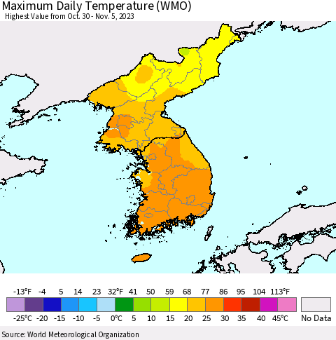 Korea Maximum Daily Temperature (WMO) Thematic Map For 10/30/2023 - 11/5/2023