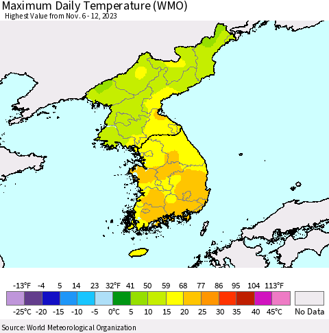Korea Maximum Daily Temperature (WMO) Thematic Map For 11/6/2023 - 11/12/2023