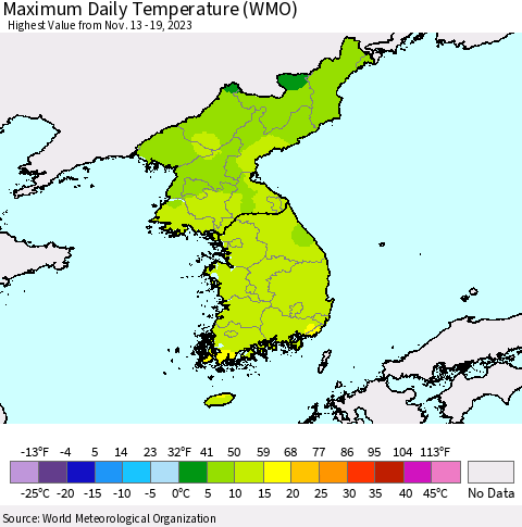 Korea Maximum Daily Temperature (WMO) Thematic Map For 11/13/2023 - 11/19/2023