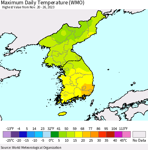 Korea Maximum Daily Temperature (WMO) Thematic Map For 11/20/2023 - 11/26/2023