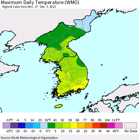 Korea Maximum Daily Temperature (WMO) Thematic Map For 11/27/2023 - 12/3/2023