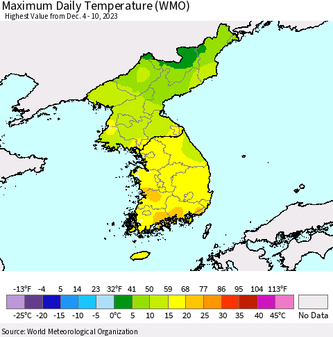 Korea Maximum Daily Temperature (WMO) Thematic Map For 12/4/2023 - 12/10/2023