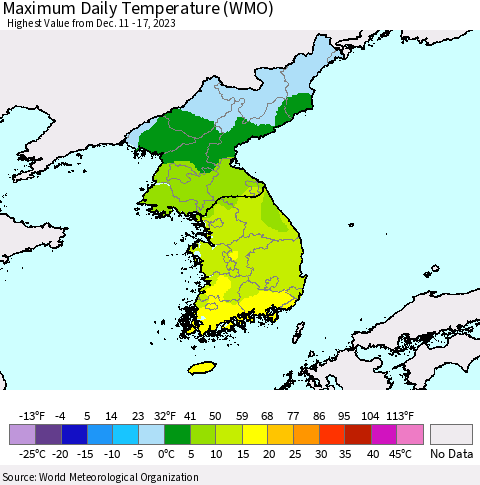 Korea Maximum Daily Temperature (WMO) Thematic Map For 12/11/2023 - 12/17/2023