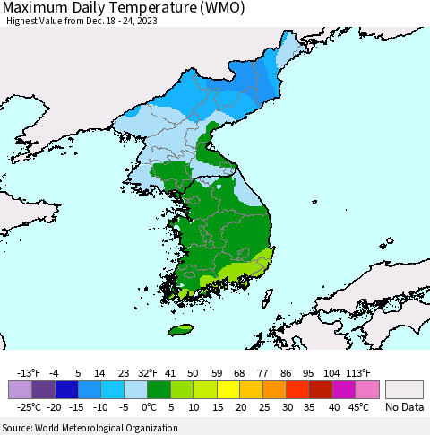 Korea Maximum Daily Temperature (WMO) Thematic Map For 12/18/2023 - 12/24/2023