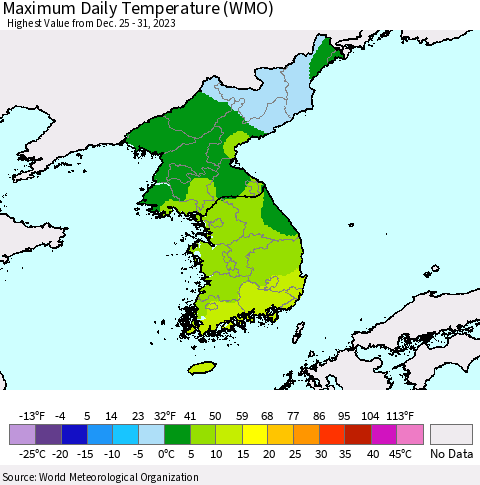 Korea Maximum Daily Temperature (WMO) Thematic Map For 12/25/2023 - 12/31/2023