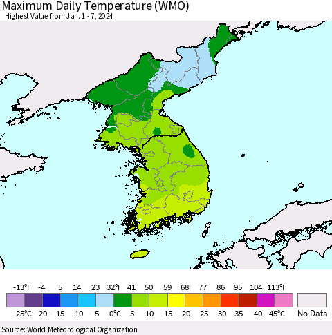 Korea Maximum Daily Temperature (WMO) Thematic Map For 1/1/2024 - 1/7/2024