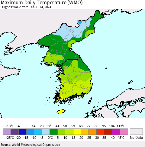 Korea Maximum Daily Temperature (WMO) Thematic Map For 1/8/2024 - 1/14/2024