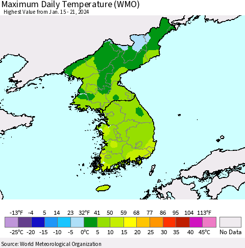 Korea Maximum Daily Temperature (WMO) Thematic Map For 1/15/2024 - 1/21/2024