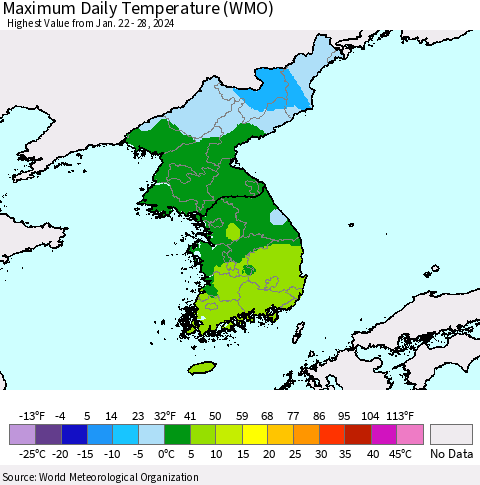 Korea Maximum Daily Temperature (WMO) Thematic Map For 1/22/2024 - 1/28/2024