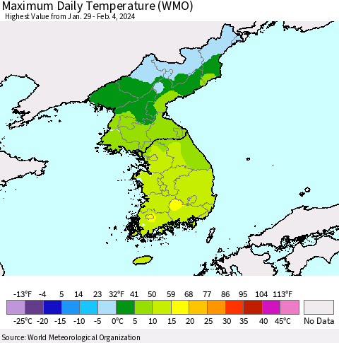 Korea Maximum Daily Temperature (WMO) Thematic Map For 1/29/2024 - 2/4/2024