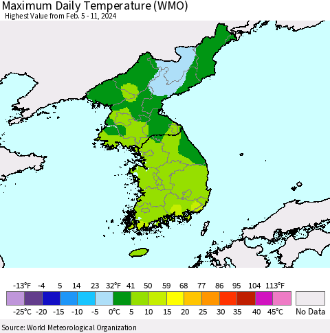 Korea Maximum Daily Temperature (WMO) Thematic Map For 2/5/2024 - 2/11/2024