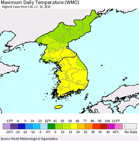 Korea Maximum Daily Temperature (WMO) Thematic Map For 2/12/2024 - 2/18/2024