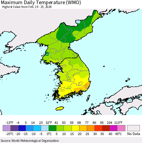 Korea Maximum Daily Temperature (WMO) Thematic Map For 2/19/2024 - 2/25/2024