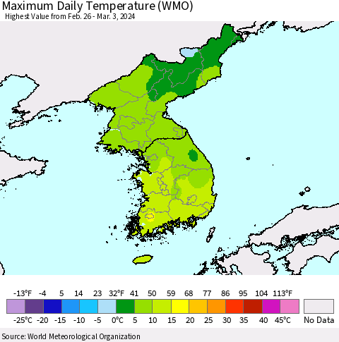 Korea Maximum Daily Temperature (WMO) Thematic Map For 2/26/2024 - 3/3/2024