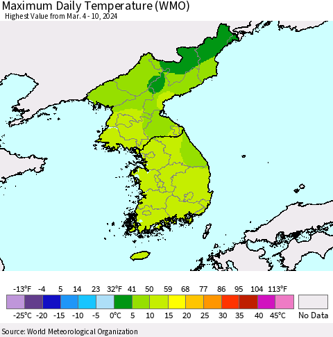 Korea Maximum Daily Temperature (WMO) Thematic Map For 3/4/2024 - 3/10/2024