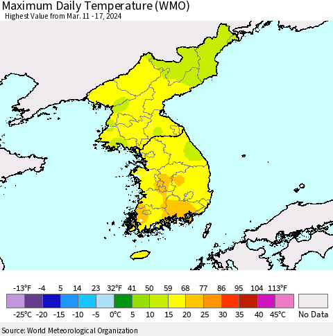 Korea Maximum Daily Temperature (WMO) Thematic Map For 3/11/2024 - 3/17/2024