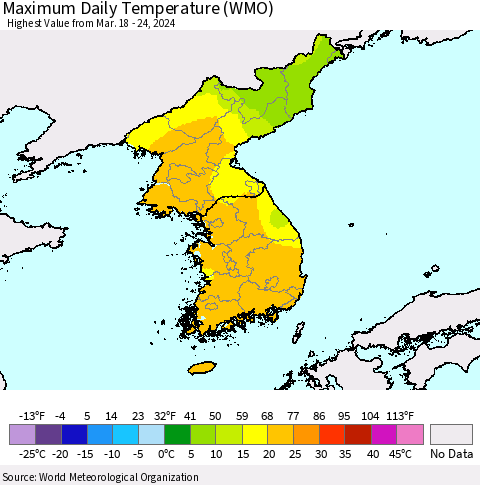Korea Maximum Daily Temperature (WMO) Thematic Map For 3/18/2024 - 3/24/2024
