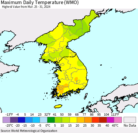Korea Maximum Daily Temperature (WMO) Thematic Map For 3/25/2024 - 3/31/2024