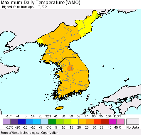 Korea Maximum Daily Temperature (WMO) Thematic Map For 4/1/2024 - 4/7/2024