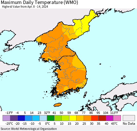 Korea Maximum Daily Temperature (WMO) Thematic Map For 4/8/2024 - 4/14/2024