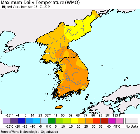 Korea Maximum Daily Temperature (WMO) Thematic Map For 4/15/2024 - 4/21/2024
