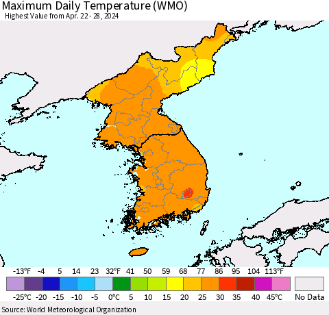 Korea Maximum Daily Temperature (WMO) Thematic Map For 4/22/2024 - 4/28/2024