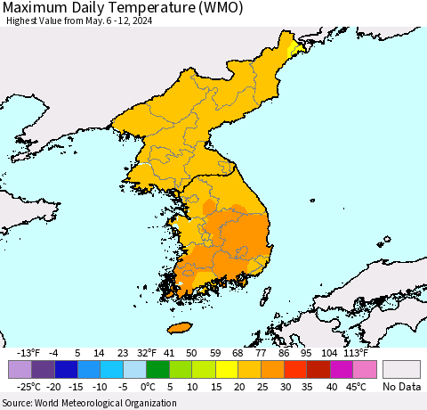 Korea Maximum Daily Temperature (WMO) Thematic Map For 5/6/2024 - 5/12/2024
