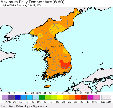 Korea Maximum Daily Temperature (WMO) Thematic Map For 5/13/2024 - 5/19/2024