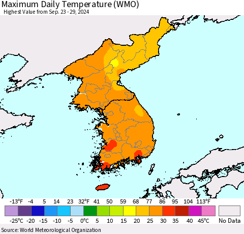Korea Maximum Daily Temperature (WMO) Thematic Map For 9/23/2024 - 9/29/2024