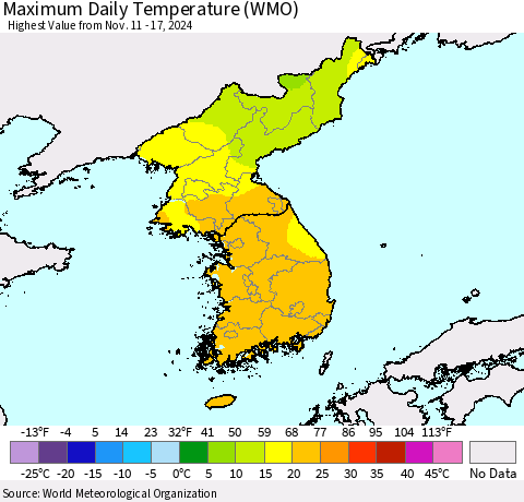 Korea Maximum Daily Temperature (WMO) Thematic Map For 11/11/2024 - 11/17/2024