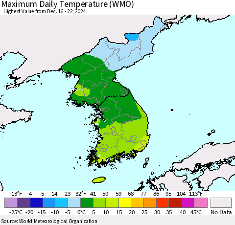 Korea Maximum Daily Temperature (WMO) Thematic Map For 12/16/2024 - 12/22/2024