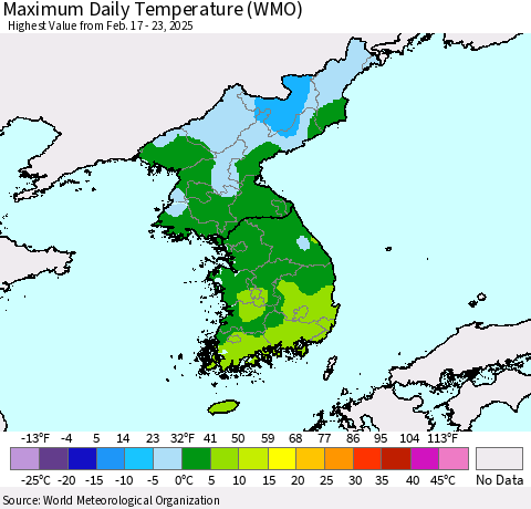 Korea Maximum Daily Temperature (WMO) Thematic Map For 2/17/2025 - 2/23/2025