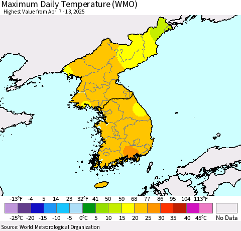 Korea Maximum Daily Temperature (WMO) Thematic Map For 4/7/2025 - 4/13/2025