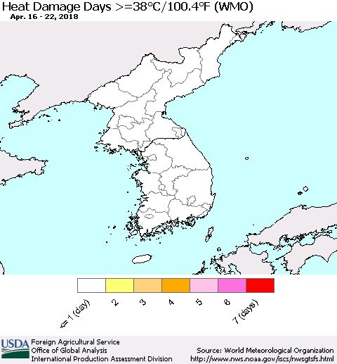 Korea Heat Damage Days >=38°C/100°F (WMO) Thematic Map For 4/16/2018 - 4/22/2018