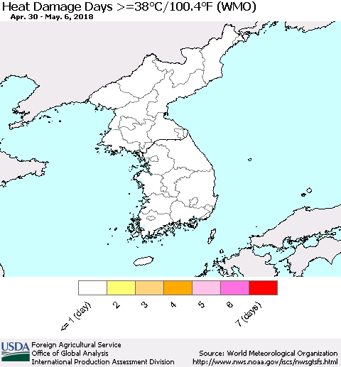 Korea Heat Damage Days >=38°C/100°F (WMO) Thematic Map For 4/30/2018 - 5/6/2018