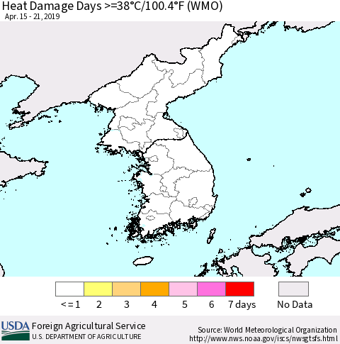 Korea Heat Damage Days >=38°C/100°F (WMO) Thematic Map For 4/15/2019 - 4/21/2019