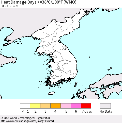 Korea Heat Damage Days >=38°C/100°F (WMO) Thematic Map For 7/3/2023 - 7/9/2023