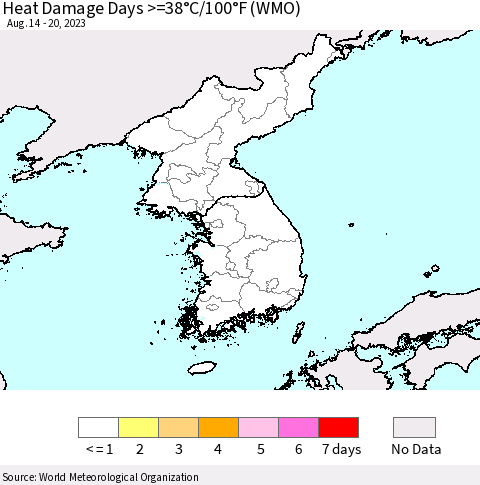 Korea Heat Damage Days >=38°C/100°F (WMO) Thematic Map For 8/14/2023 - 8/20/2023
