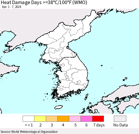 Korea Heat Damage Days >=38°C/100°F (WMO) Thematic Map For 4/1/2024 - 4/7/2024