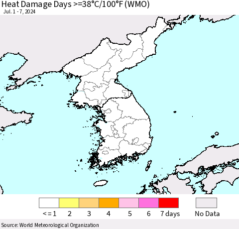 Korea Heat Damage Days >=38°C/100°F (WMO) Thematic Map For 7/1/2024 - 7/7/2024
