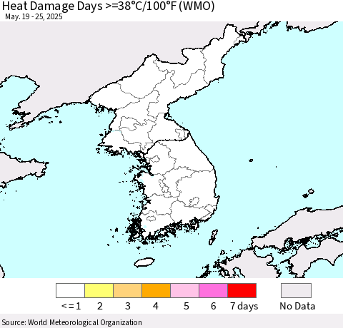 Korea Heat Damage Days >=38°C/100°F (WMO) Thematic Map For 5/19/2025 - 5/25/2025