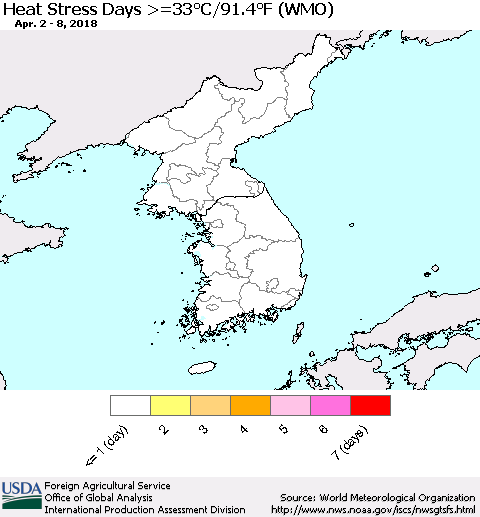 Korea Heat Stress Days >=35°C/95°F (WMO) Thematic Map For 4/2/2018 - 4/8/2018