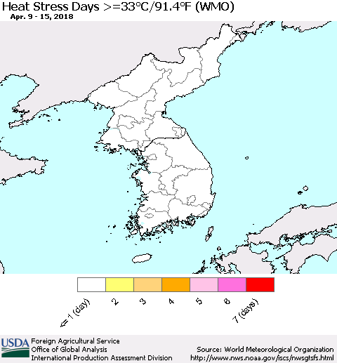 Korea Heat Stress Days >=35°C/95°F (WMO) Thematic Map For 4/9/2018 - 4/15/2018