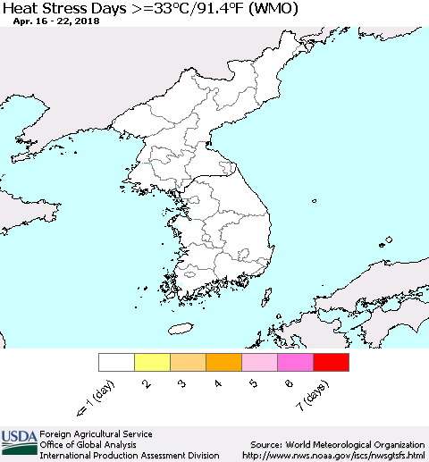 Korea Heat Stress Days >=35°C/95°F (WMO) Thematic Map For 4/16/2018 - 4/22/2018