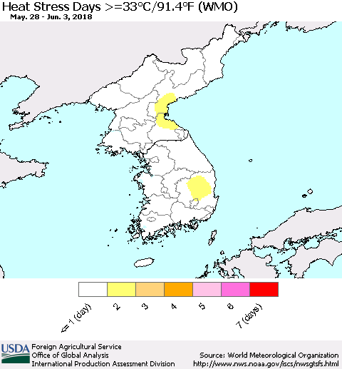 Korea Heat Stress Days >=35°C/95°F (WMO) Thematic Map For 5/28/2018 - 6/3/2018